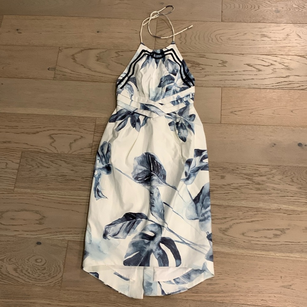 Aje Brand Blue Split Leaf Floral Dress with aborning and fully lined.